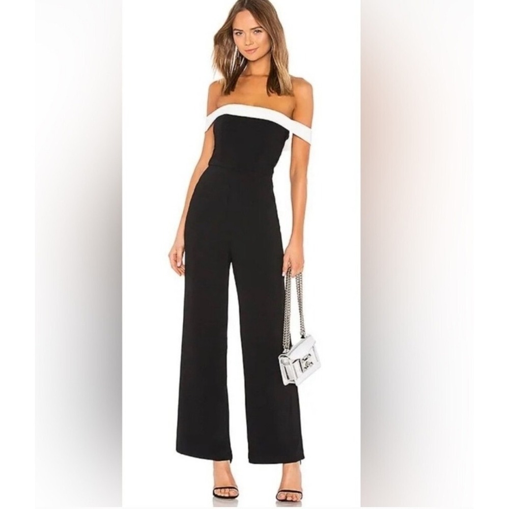 Superdown Off The Shoulder Jumpsuit Womens XS Party Wide Leg Black White‎ Zip
